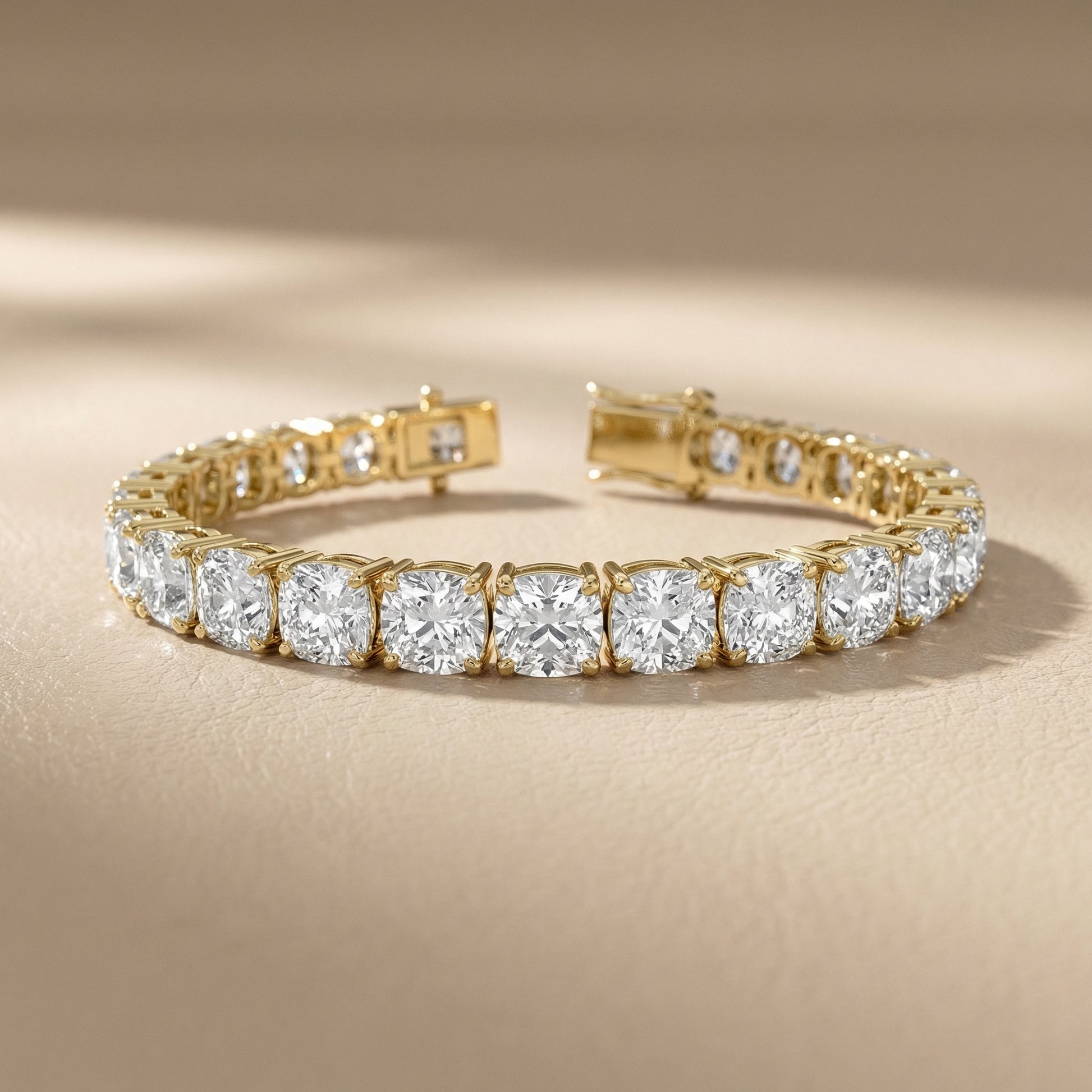 Cushion Cut Lab Grown Diamond Tennis Bracelet in Yellow Gold
