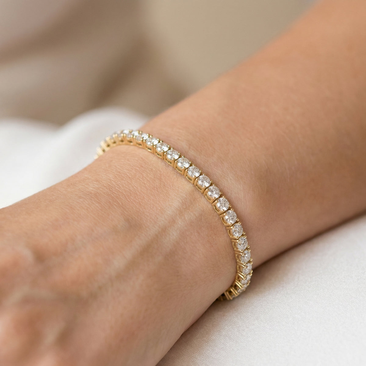 Round Cut Lab Grown Diamond Tennis Bracelet in Yellow Gold