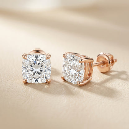 Rose Gold Cushion Cut Lab Grown Diamond Stud Earrings Angled View