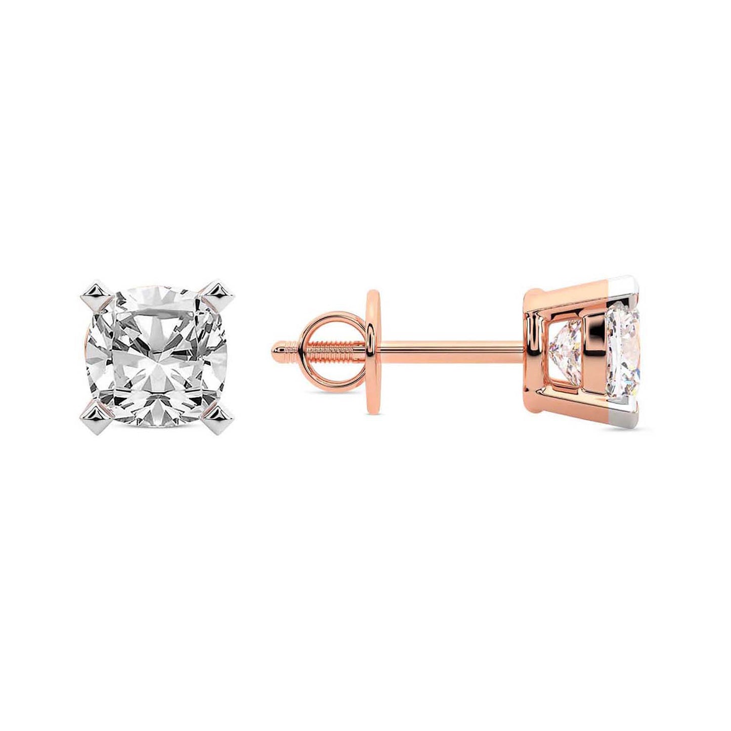 Rose Gold Cushion Cut Lab Grown Diamond Stud Earrings Angled View