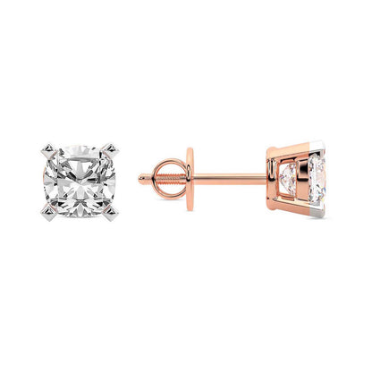 Rose Gold Cushion Cut Lab Grown Diamond Stud Earrings Angled View