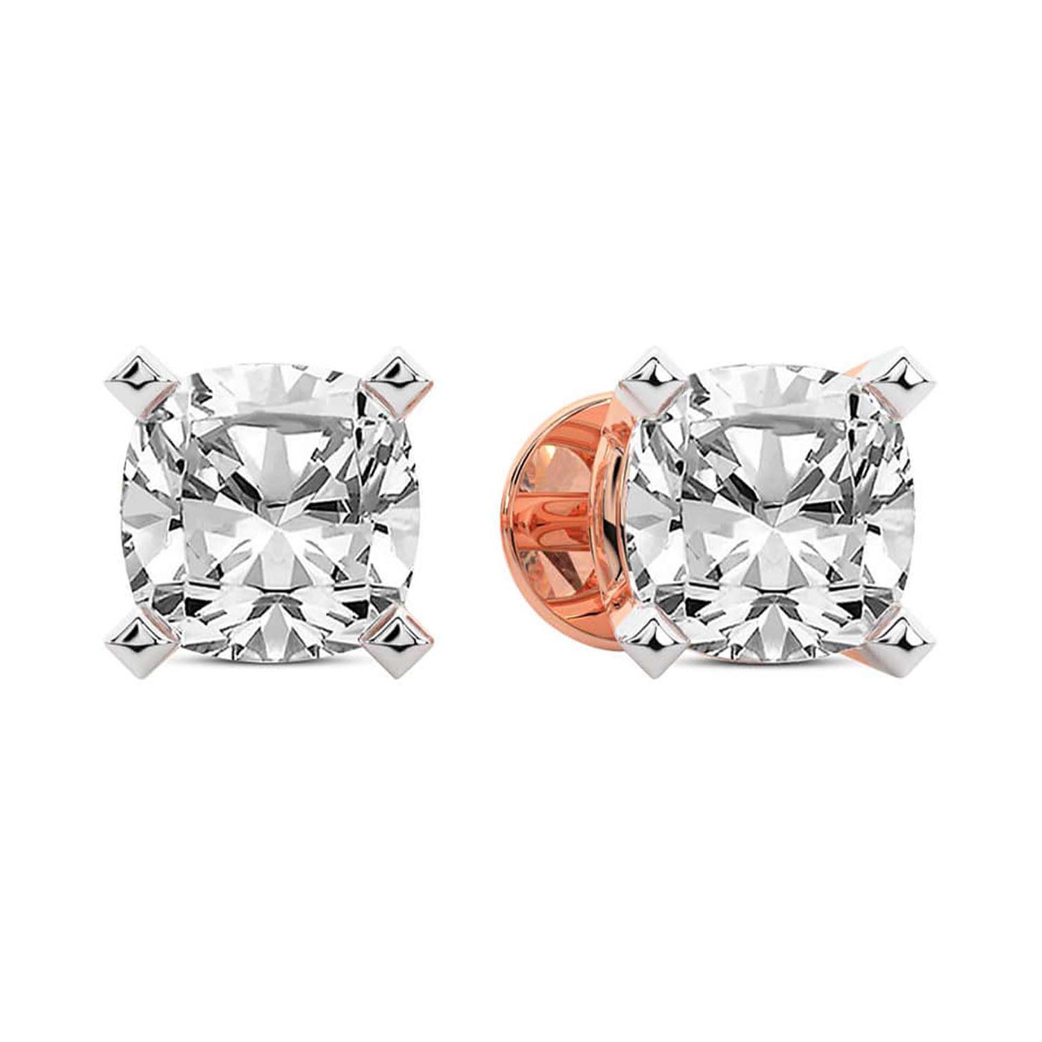 Rose Gold Cushion Cut Lab Grown Diamond Stud Earrings Angled View