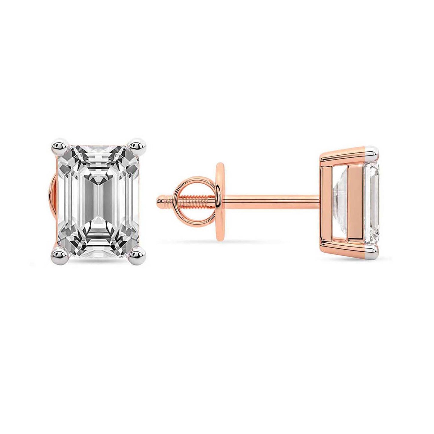 Rose Gold Emerald Cut Lab Grown Diamond Stud Earrings Four Prong Style