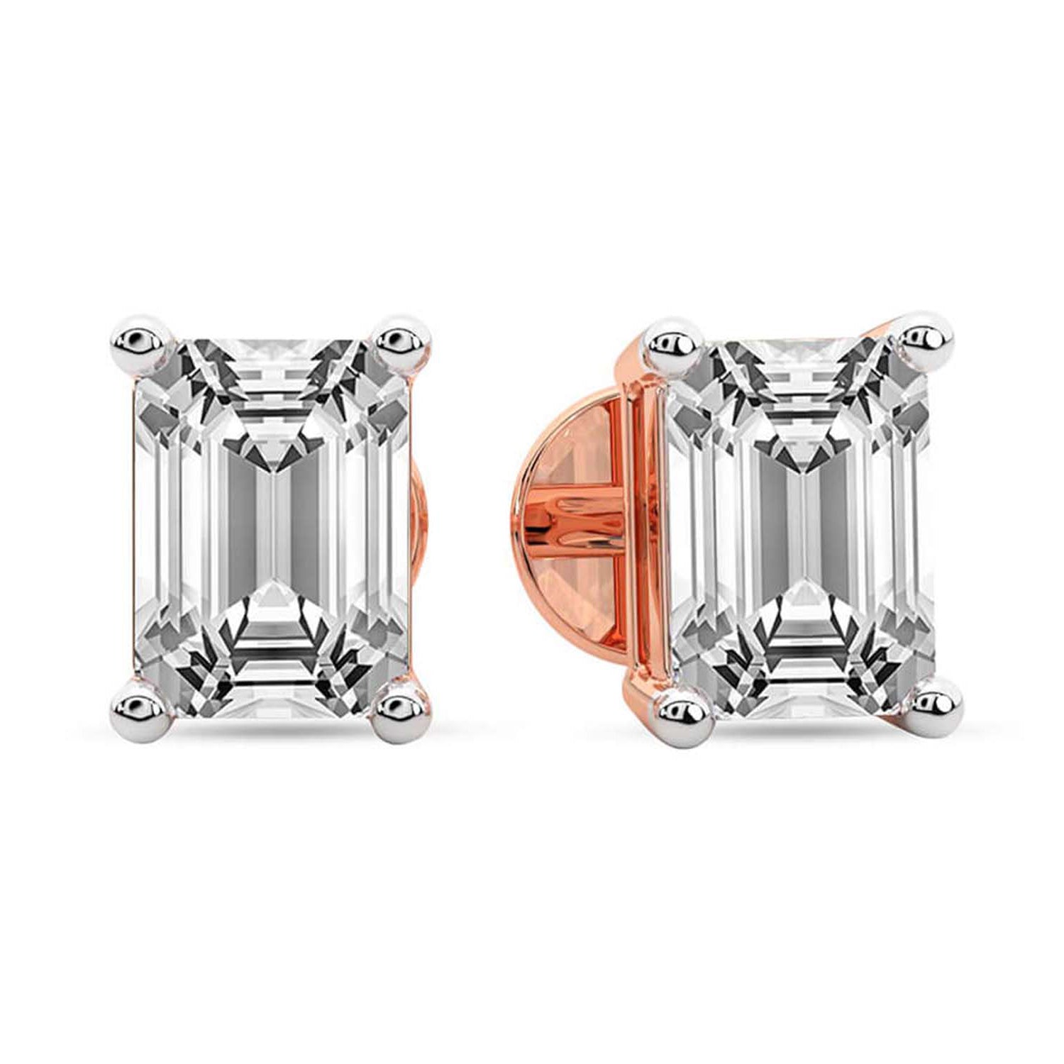 Rose Gold Emerald Cut Lab Grown Diamond Stud Earrings Four Prong Style