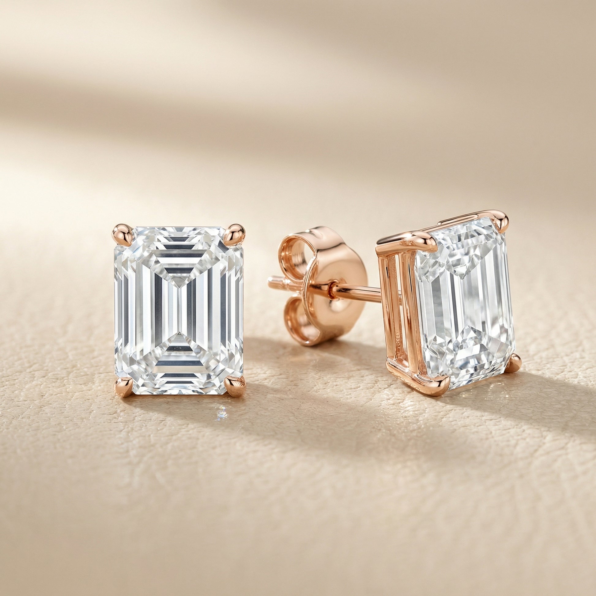 Rose Gold Emerald Cut Lab Grown Diamond Stud Earrings Four Prong Style