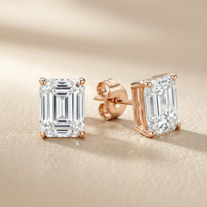 Rose Gold Emerald Cut Lab Grown Diamond Stud Earrings Four Prong Style