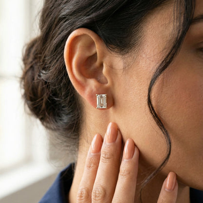 Rose Gold Emerald Cut Lab Grown Diamond Stud Earrings Four Prong Style