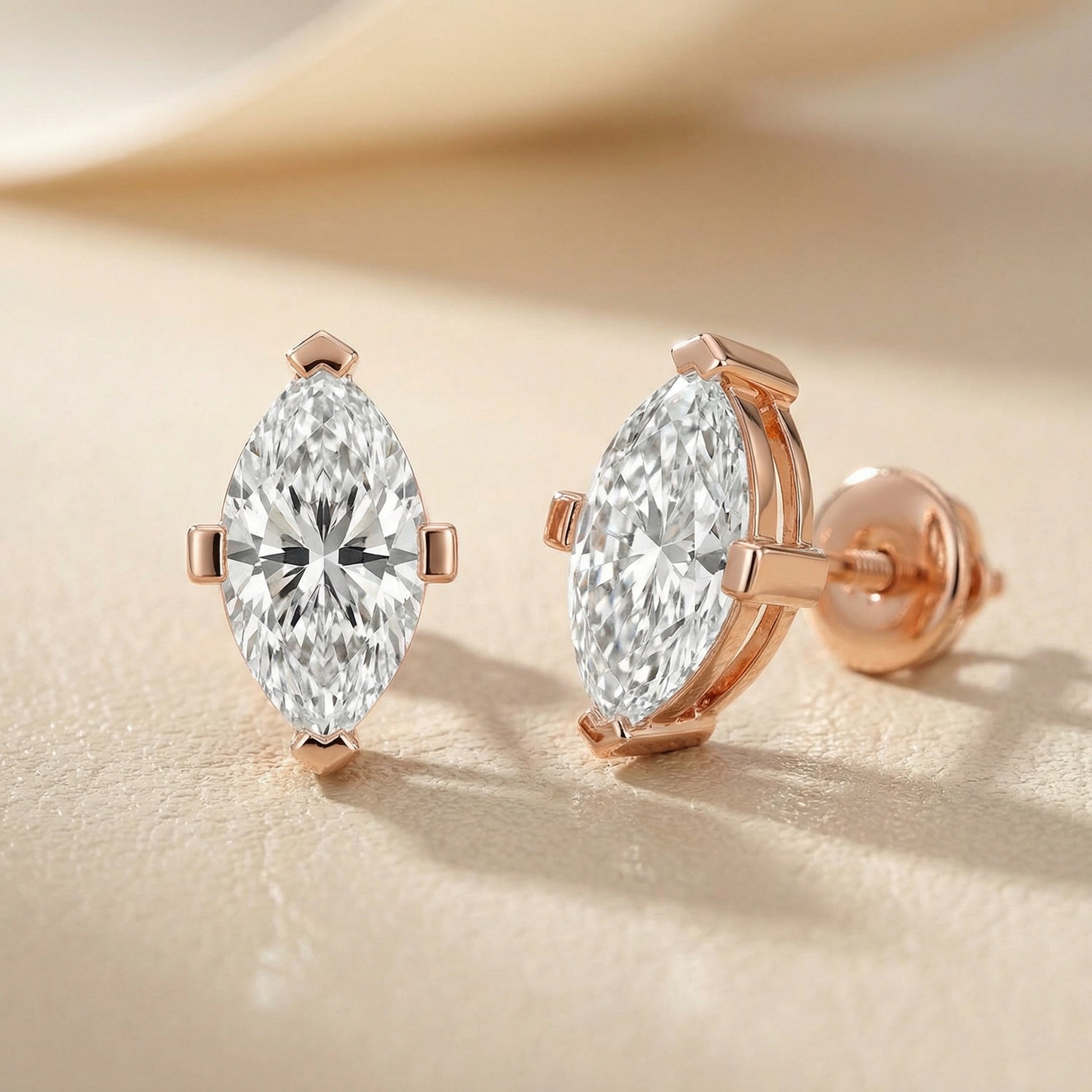 Marquise Cut Lab Grown Diamond Stud Earrings in Rose Gold