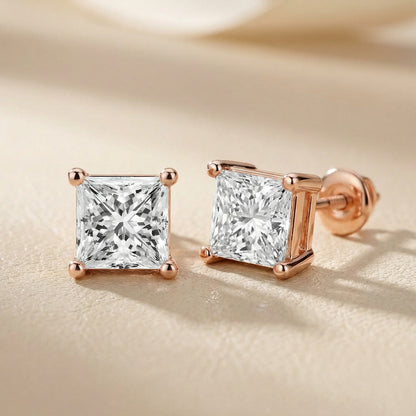 Princess Cut Lab Grown Diamond Stud Earrings in Rose Gold