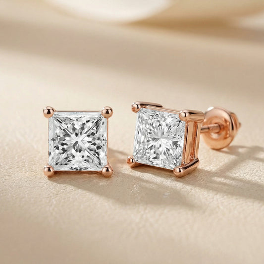 Princess Cut Lab Grown Diamond Stud Earrings in Rose Gold