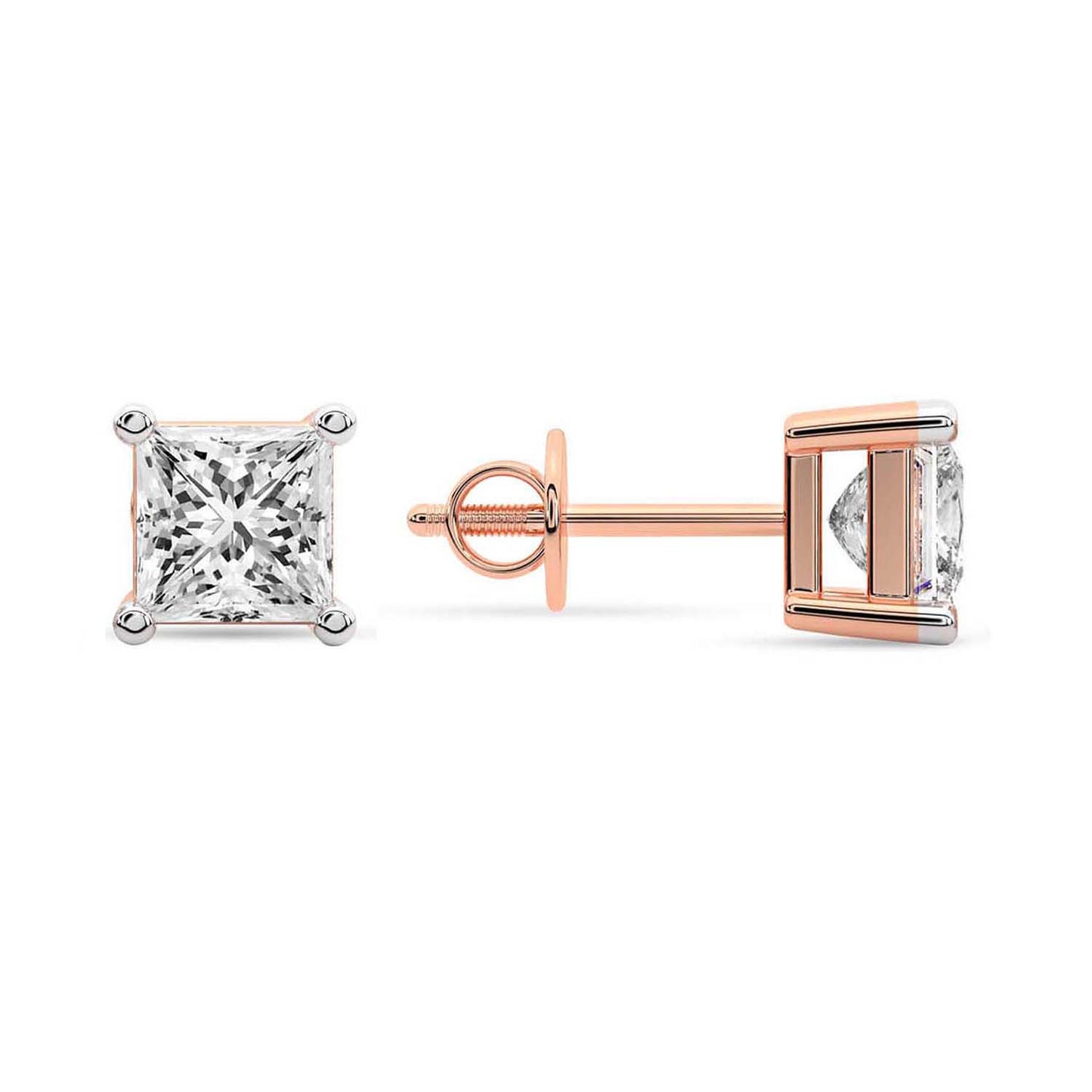 Princess Cut Lab Grown Diamond Stud Earrings in Rose Gold