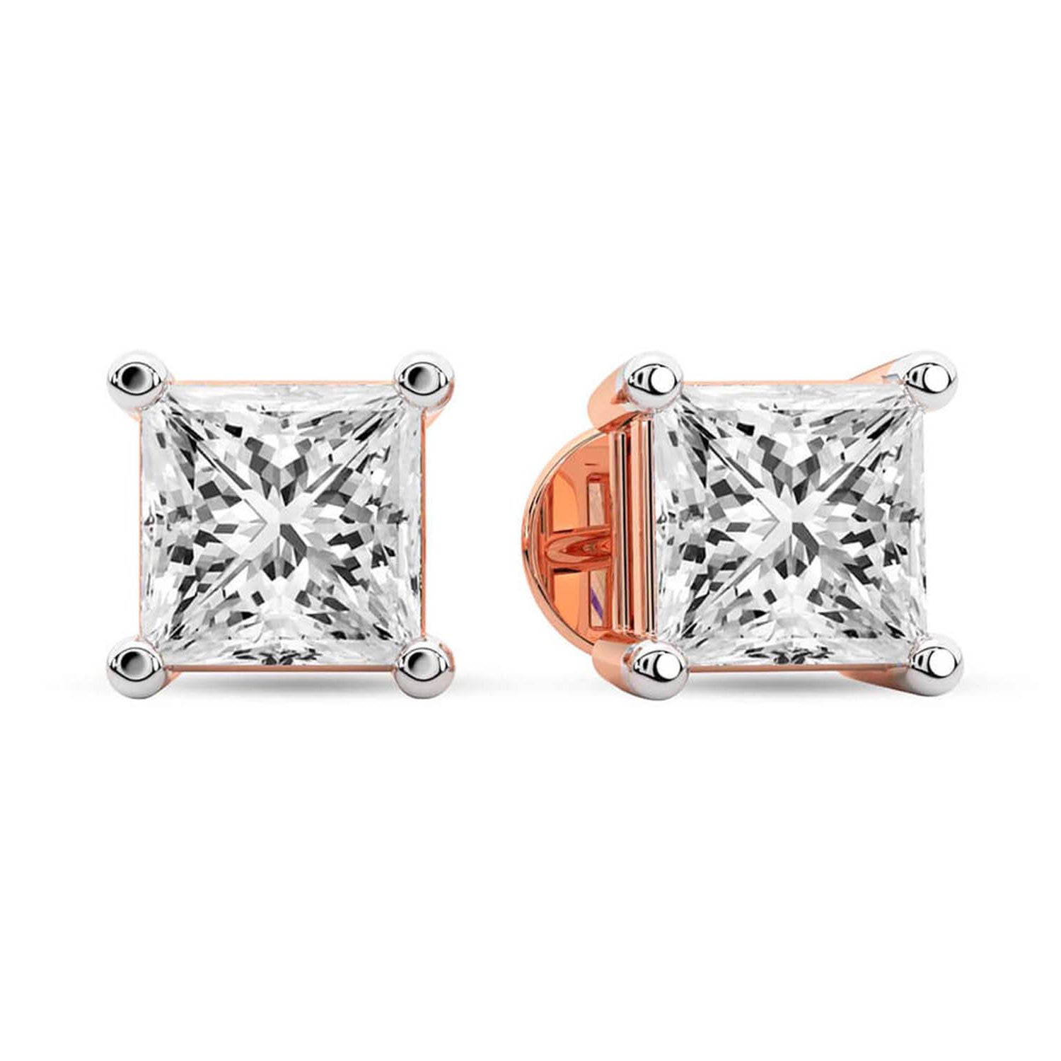 Princess Cut Lab Grown Diamond Stud Earrings in Rose Gold