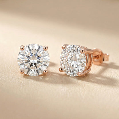 Round Cut Lab Grown Diamond Stud Earrings in Rose Gold Basket Setting