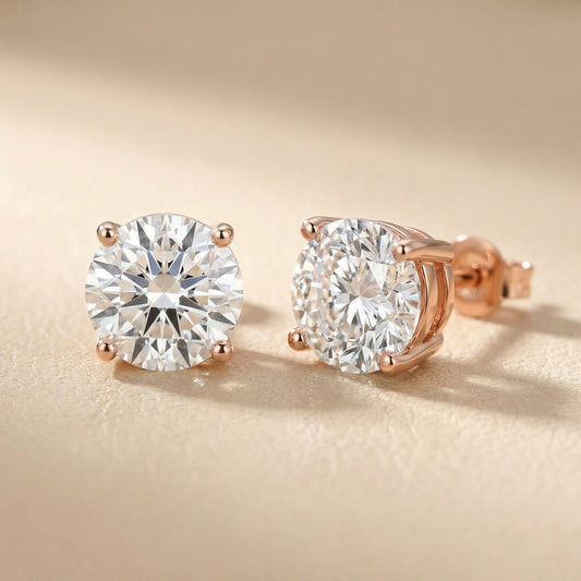 Round Cut Lab Grown Diamond Stud Earrings in Rose Gold Basket Setting