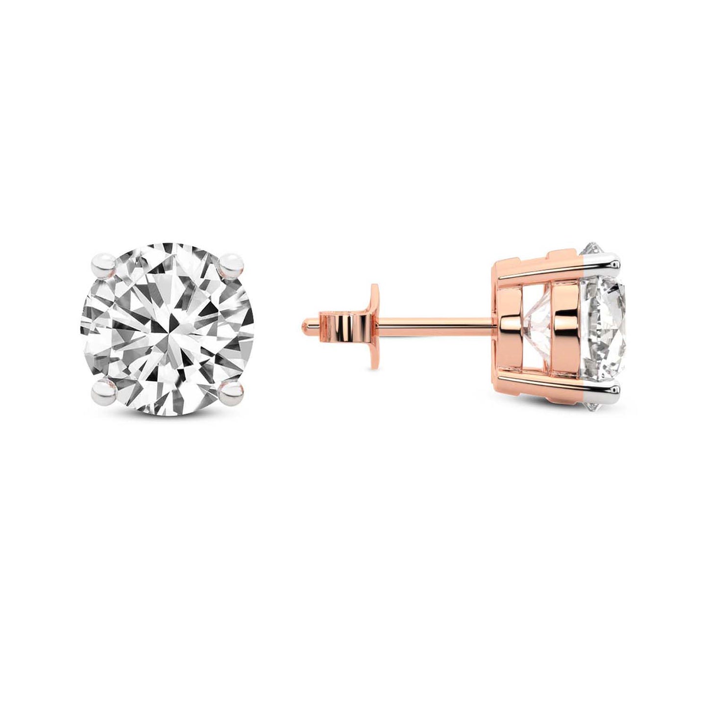 Round Cut Lab Grown Diamond Stud Earrings in Rose Gold Basket Setting