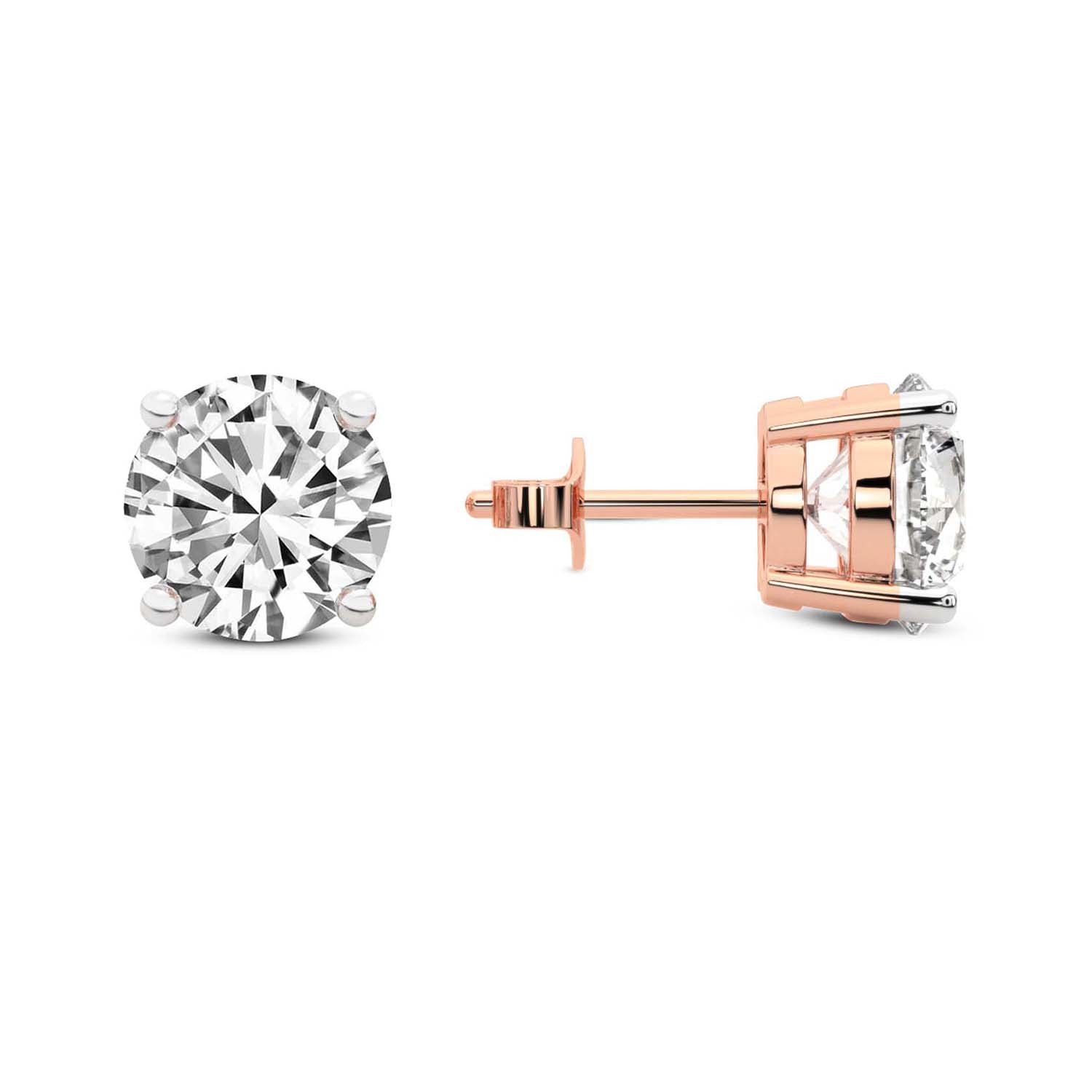 Round Cut Lab Grown Diamond Stud Earrings in Rose Gold Basket Setting