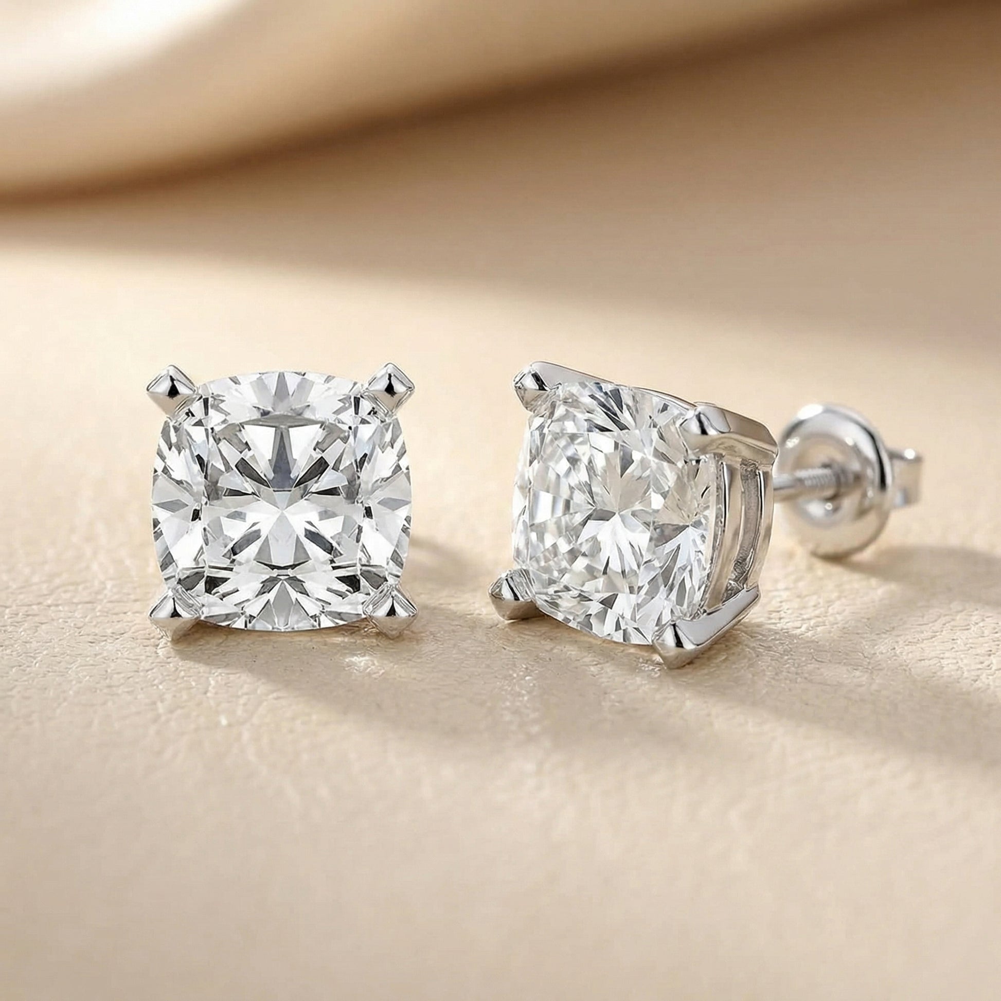 Platinum Cushion Cut Lab Grown Diamond Stud Earrings Side Profile