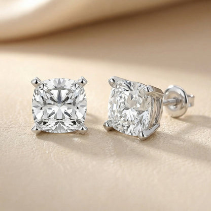Platinum Cushion Cut Lab Grown Diamond Stud Earrings Side Profile