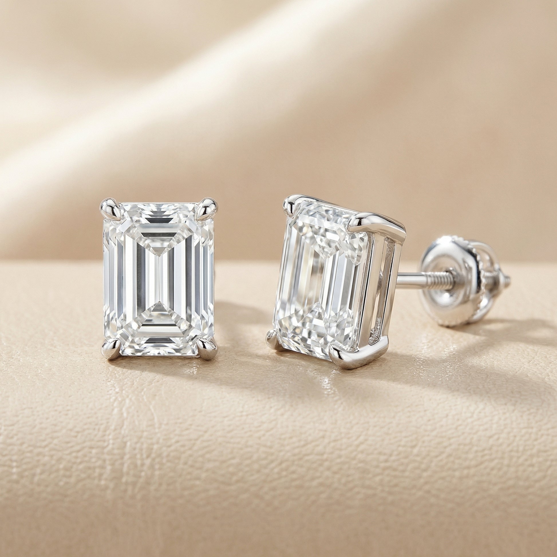 White Gold Emerald Cut Lab Grown Diamond Stud Earrings Minimalist Design