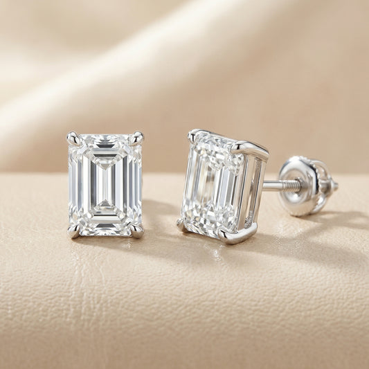 White Gold Emerald Cut Lab Grown Diamond Stud Earrings Minimalist Design