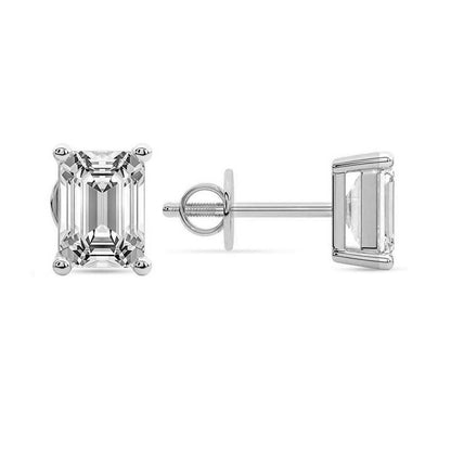 Emerald Cut Lab Grown Diamond Stud Earrings in Silver Four Prong Setting