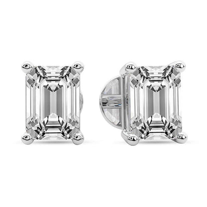 Emerald Cut Lab Grown Diamond Stud Earrings in Silver Four Prong Setting