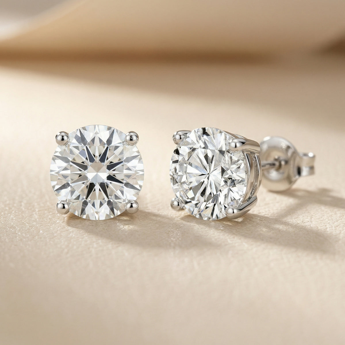 Round Cut Lab Grown Diamond Stud Earrings in White Gold Four Prong Style