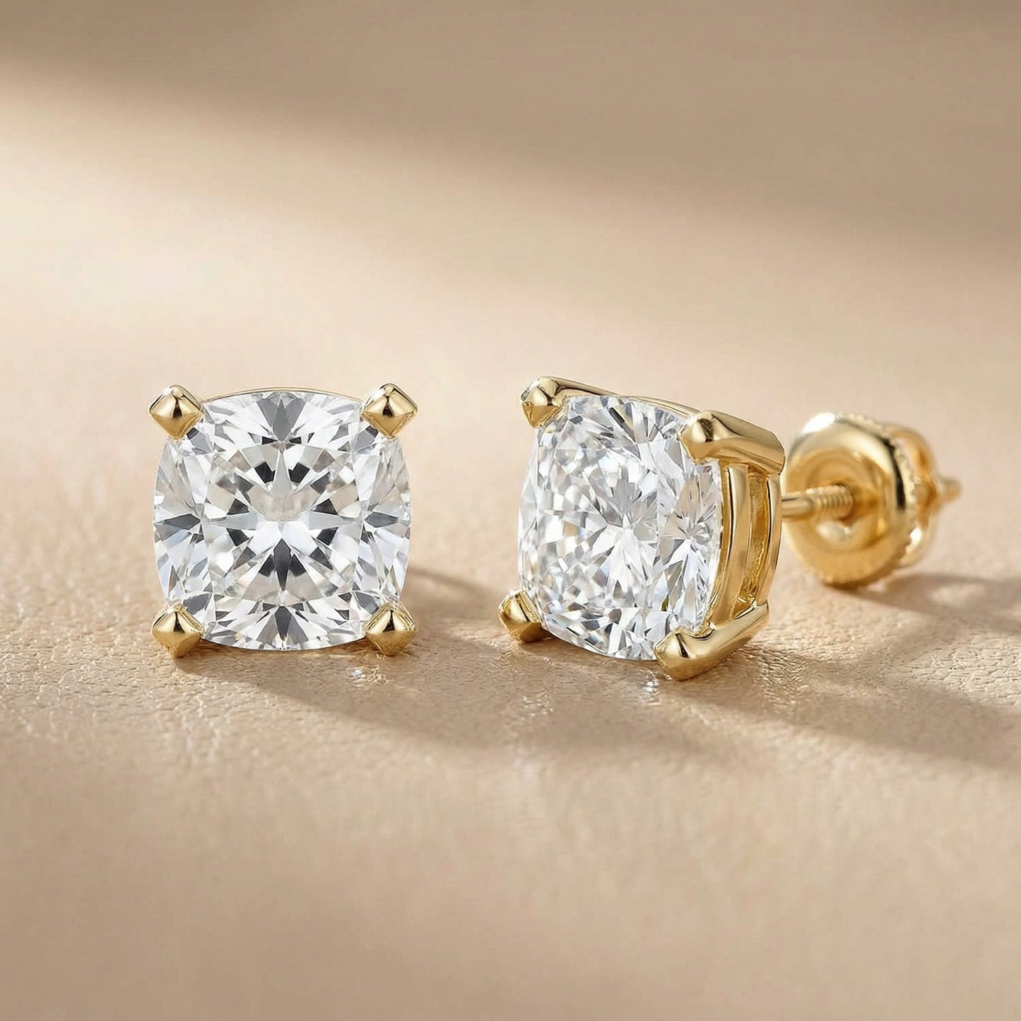 Yellow Gold Cushion Cut Lab Grown Diamond Stud Earrings Pair