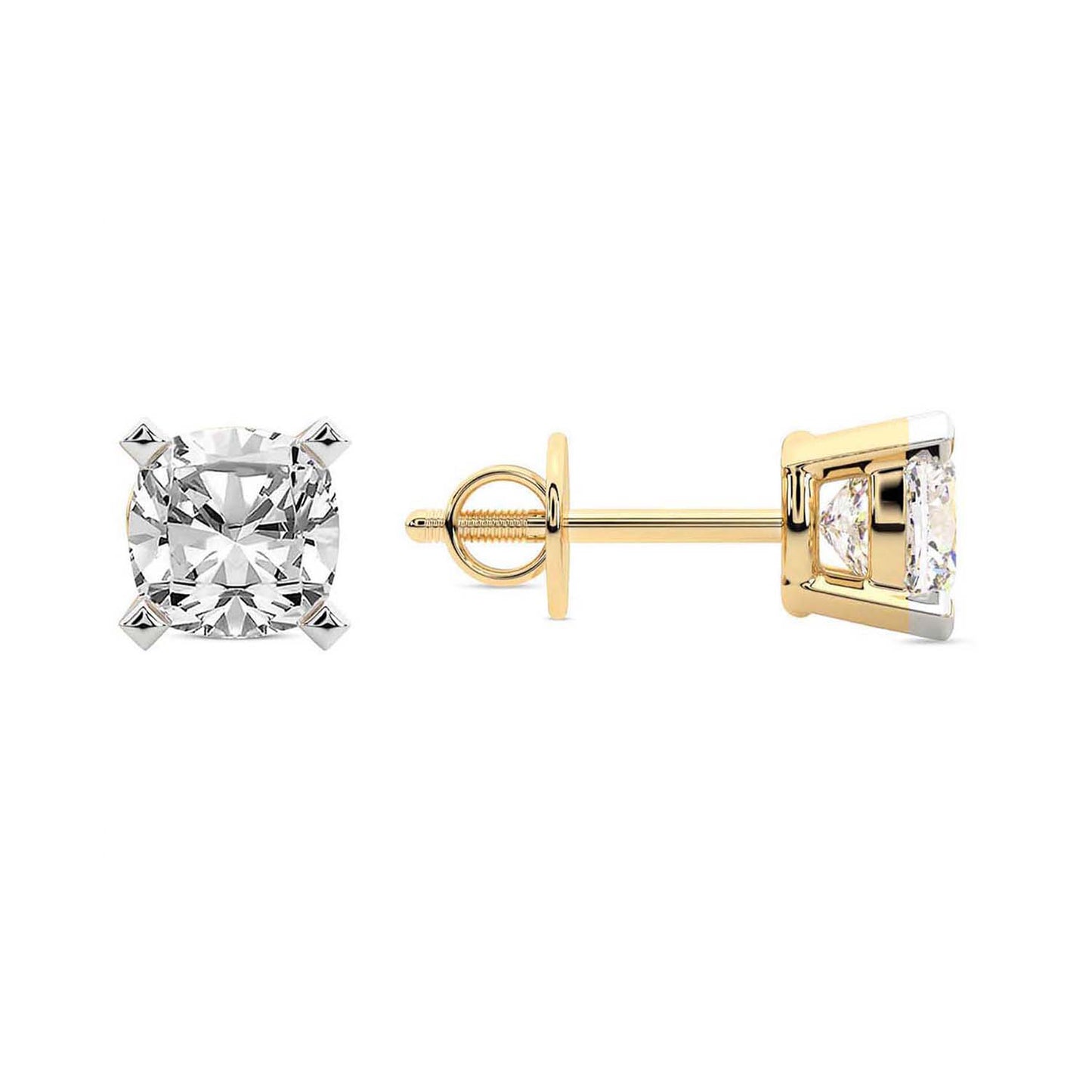 Yellow Gold Cushion Cut Lab Grown Diamond Stud Earrings Pair