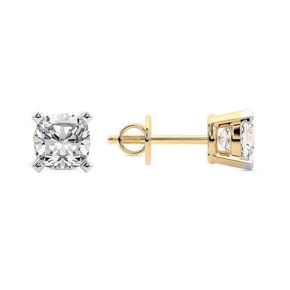 Yellow Gold Cushion Cut Lab Grown Diamond Stud Earrings Pair