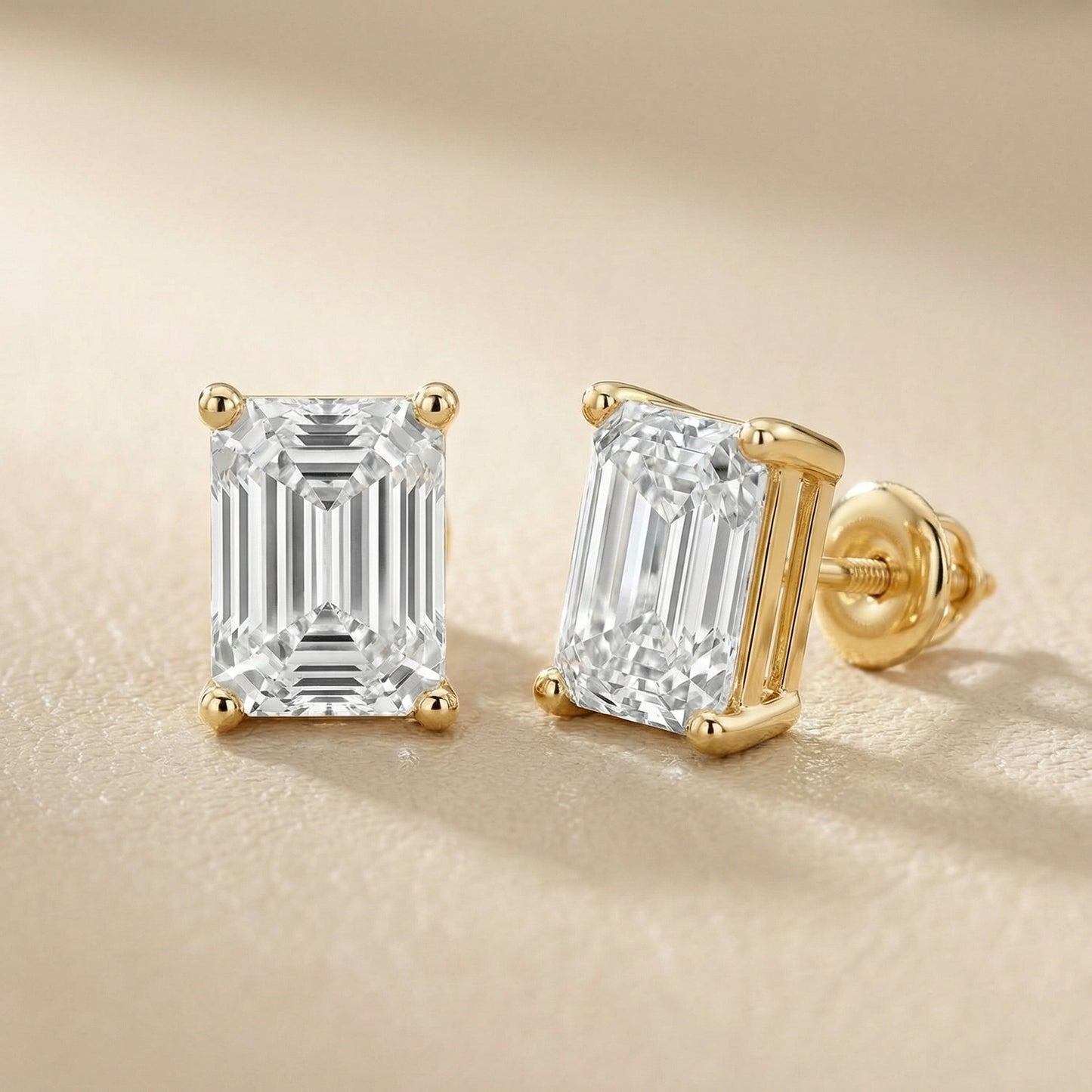 Yellow Gold Emerald Cut Lab Grown Diamond Stud Earrings Four Prongs
