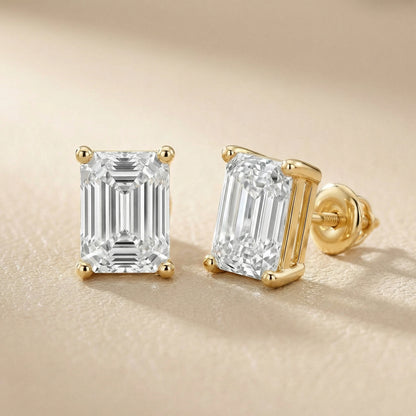 Yellow Gold Emerald Cut Lab Grown Diamond Stud Earrings Four Prongs