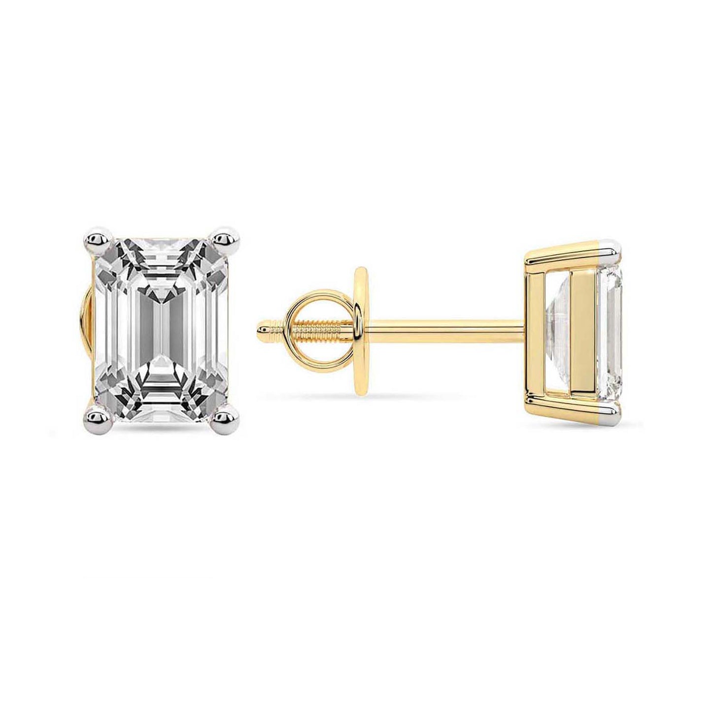 Yellow Gold Emerald Cut Lab Grown Diamond Stud Earrings Four Prongs