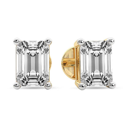 Yellow Gold Emerald Cut Lab Grown Diamond Stud Earrings Four Prongs