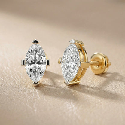Marquise Cut Lab Grown Diamond Stud Earrings in Yellow Gold