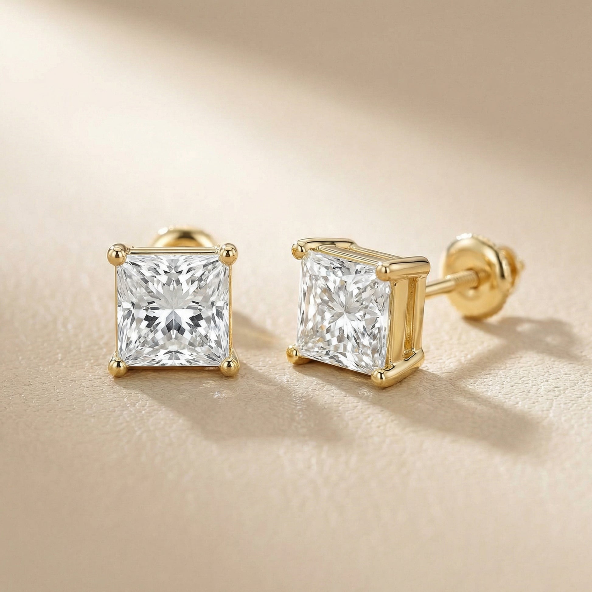Princess Cut Lab Grown Diamond Stud Earrings in Yellow Gold