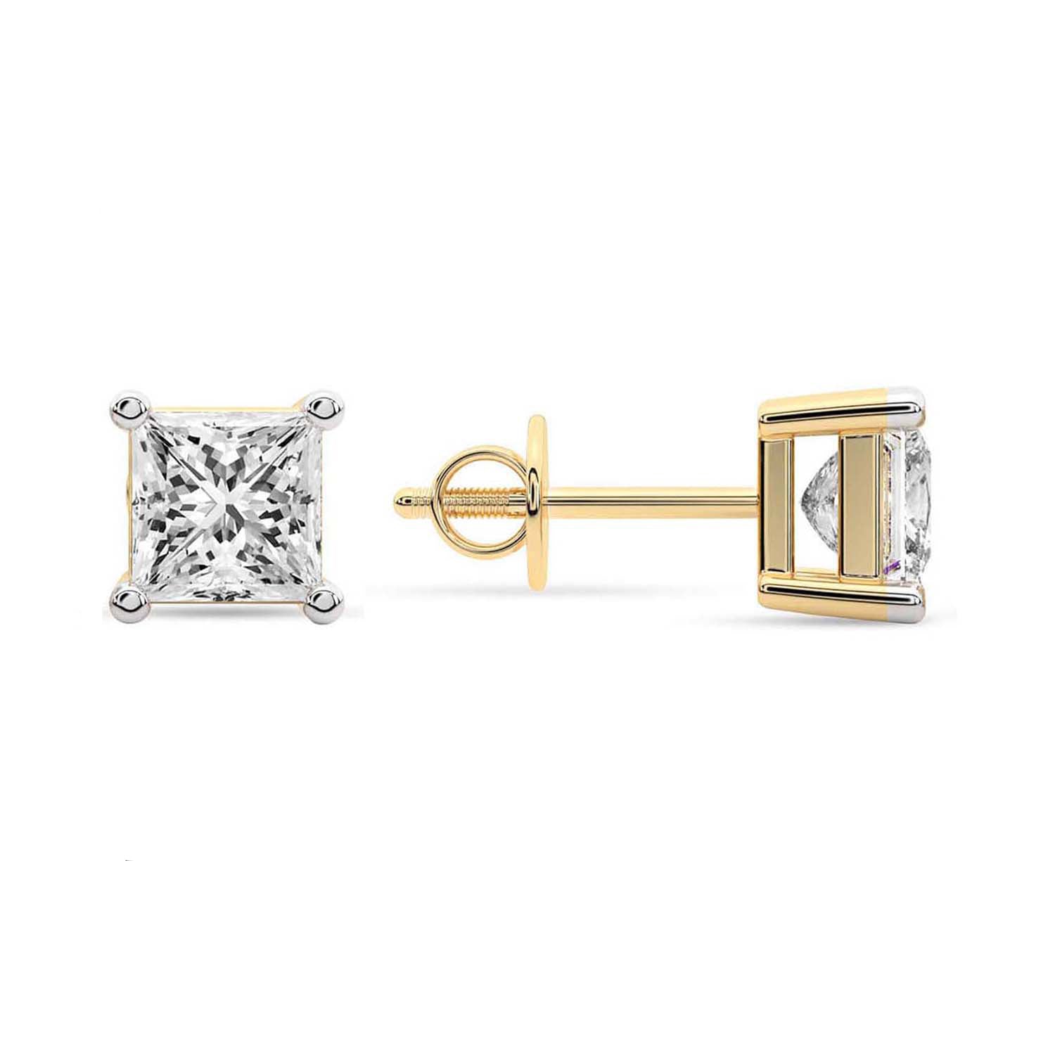 Princess Cut Lab Grown Diamond Stud Earrings in Yellow Gold