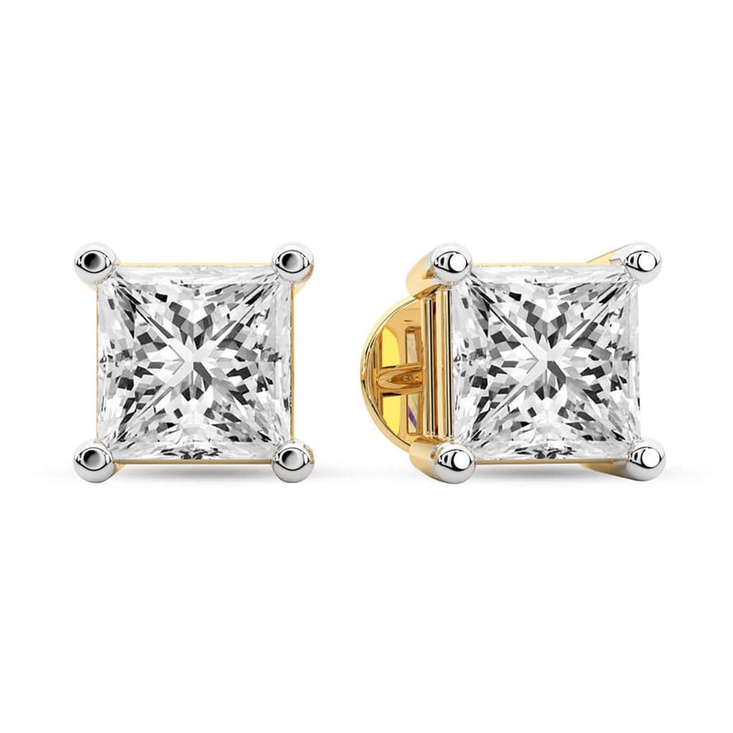 Princess Cut Lab Grown Diamond Stud Earrings in Yellow Gold