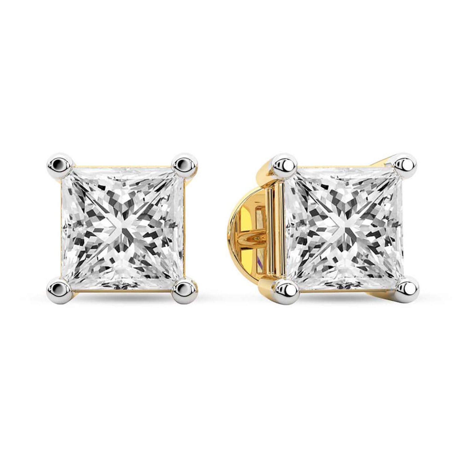 Princess Cut Lab Grown Diamond Stud Earrings in Yellow Gold