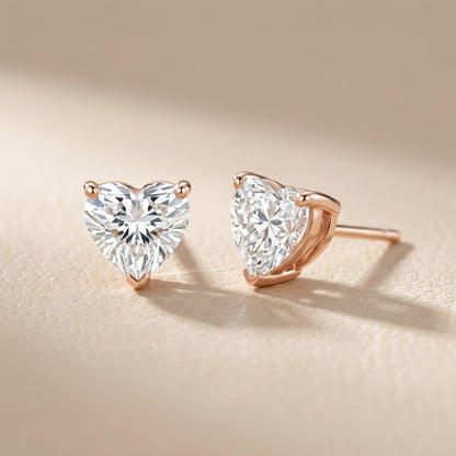 Three Prong Heart Diamond Stud Earrings in Rose Gold