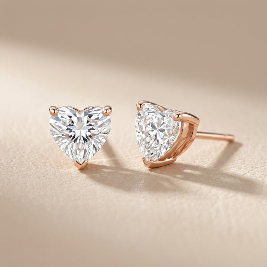 Three Prong Heart Diamond Stud Earrings in Rose Gold