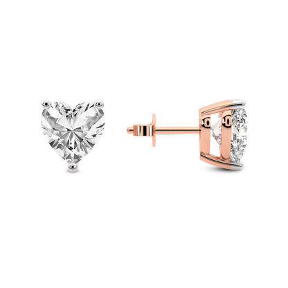 Three Prong Heart Diamond Stud Earrings in Rose Gold - Left
