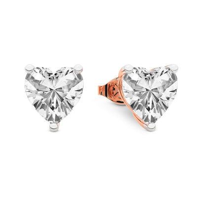 Three Prong Heart Diamond Stud Earrings in Rose Gold - Right
