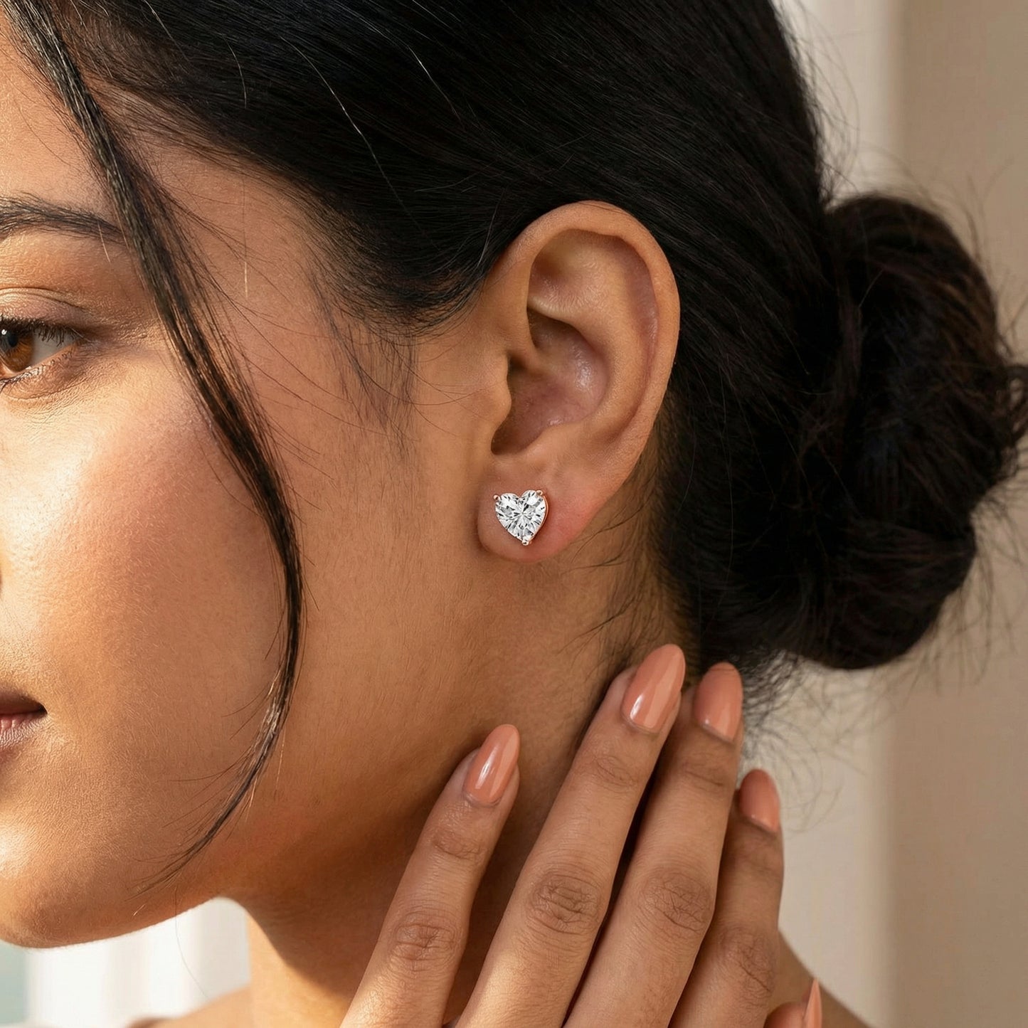 Three Prong Heart Diamond Stud Earrings in Rose Gold - On Hand