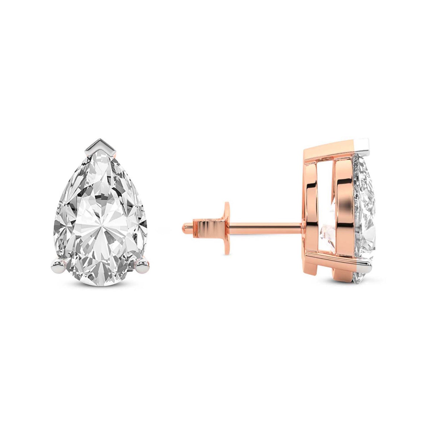 Three Prong Pear Diamond Stud Earrings in Rose Gold - Left