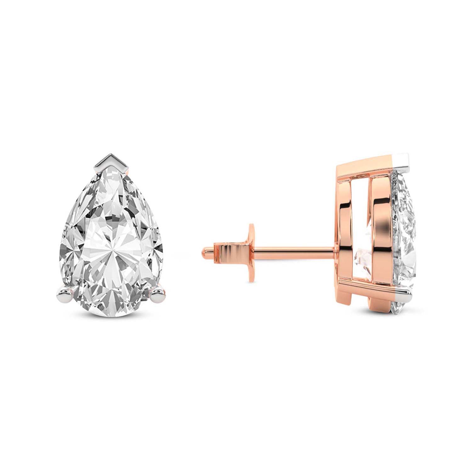 Three Prong Pear Diamond Stud Earrings in Rose Gold - Left