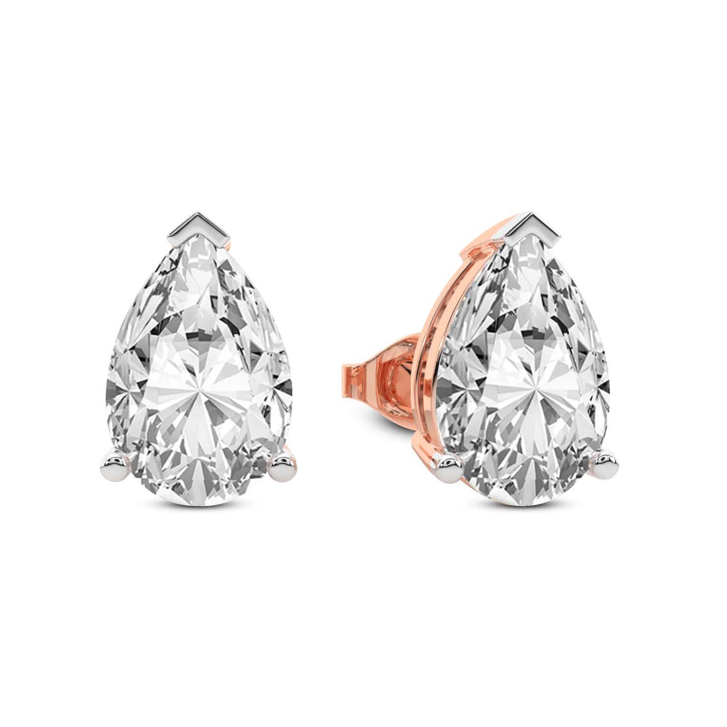 Three Prong Pear Diamond Stud Earrings in Rose Gold - Right