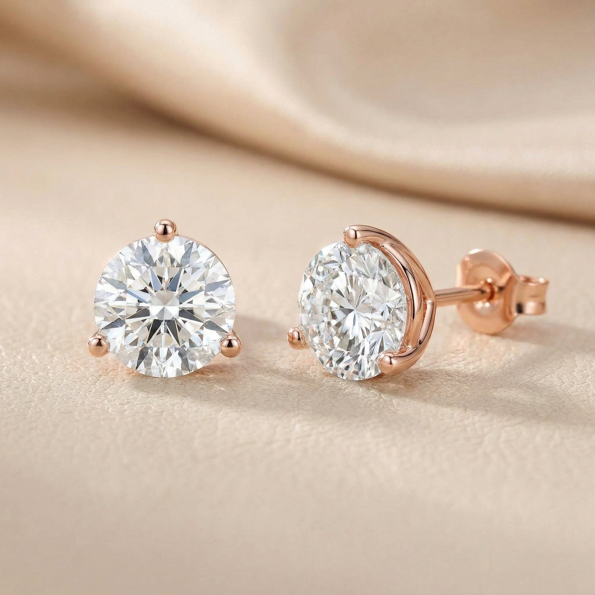 Three Prong Martini Round Diamond Stud Earrings in Rose Gold