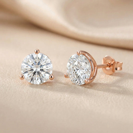 Three Prong Martini Round Diamond Stud Earrings in Rose Gold