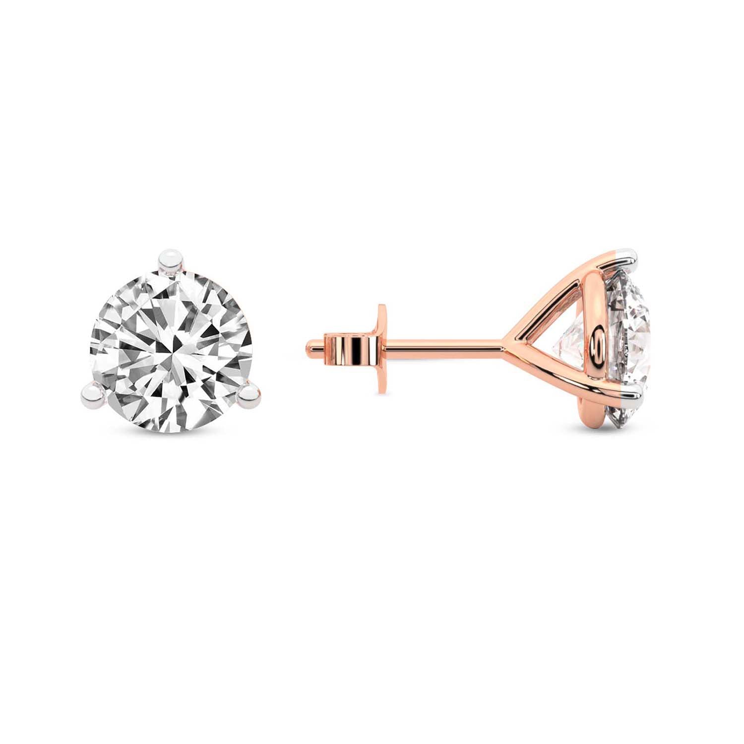 Three Prong Martini Round Diamond Stud Earrings in Rose Gold - Left